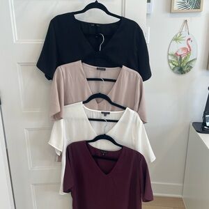 Dynamite Women's V-Neck Blouses - Black, Taupe, White, Burgundy